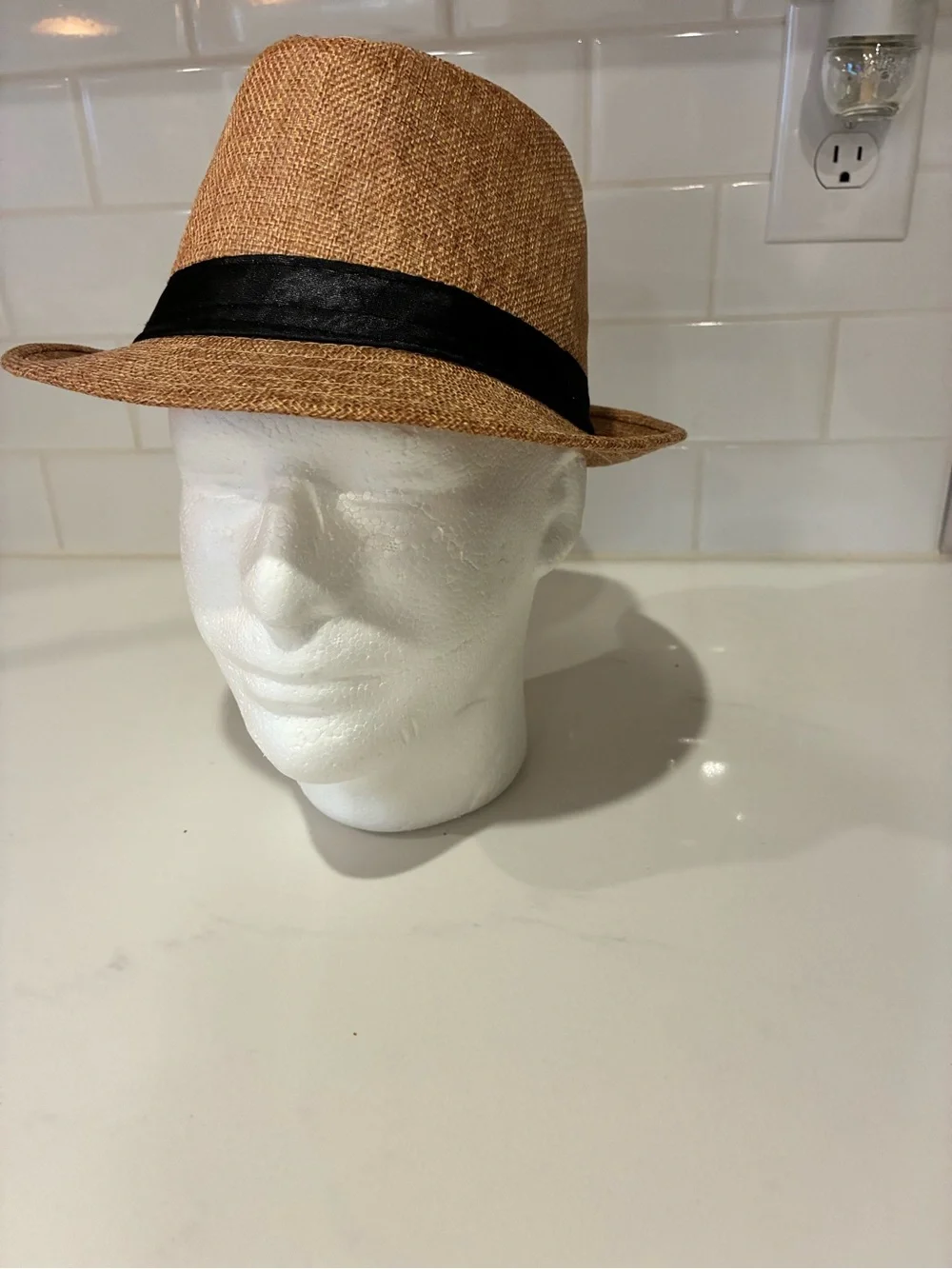 Men's Straw Fedora Hat with Black Band - Tan